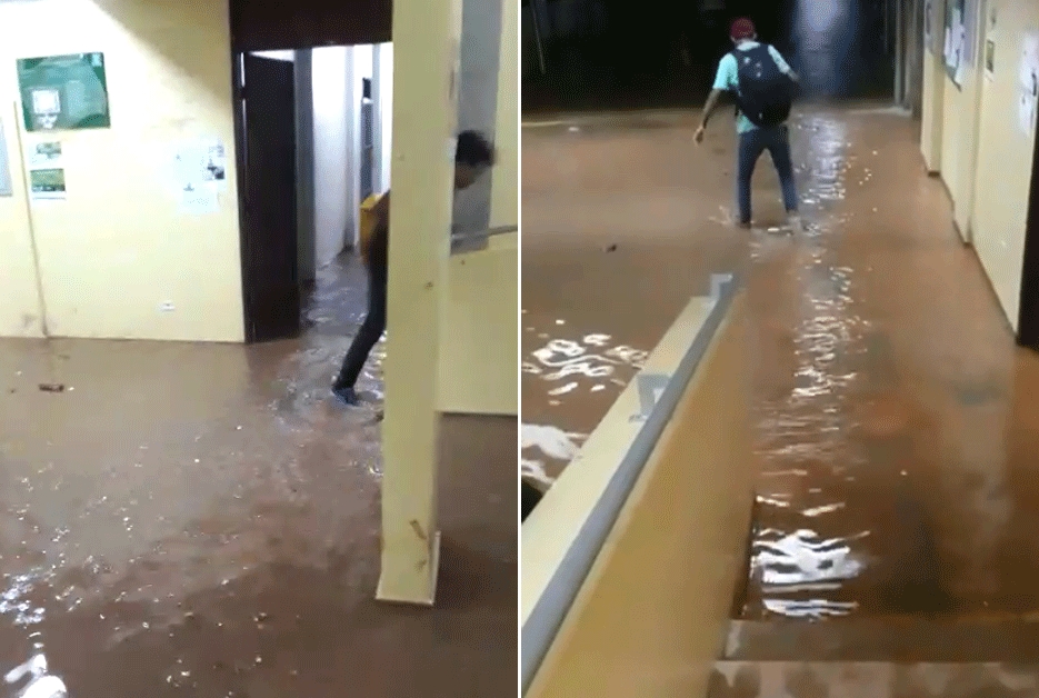 VÃ­deo: Parte do forro da Unir despenca durante forte chuva em Porto Velho; instituiÃ§Ã£o ficou alagada